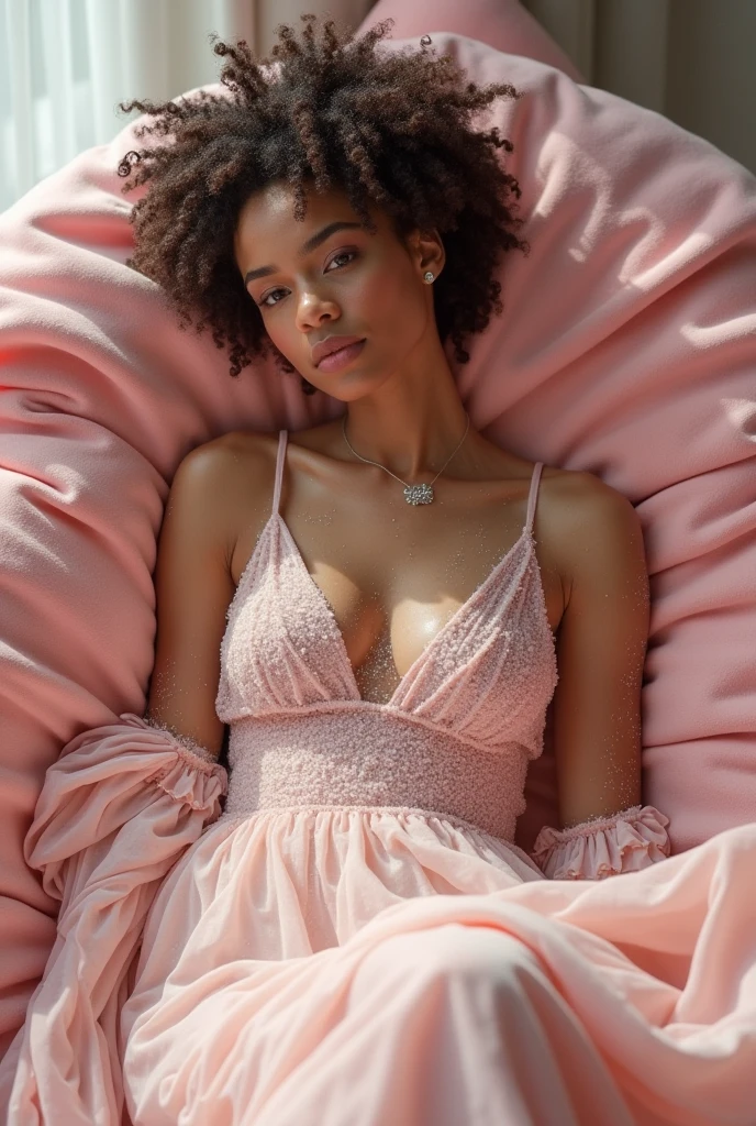 a beautiful young woman laying on top of a pink blanket, dress made of water, nathalie emmanuel, covered in salt, editorial model