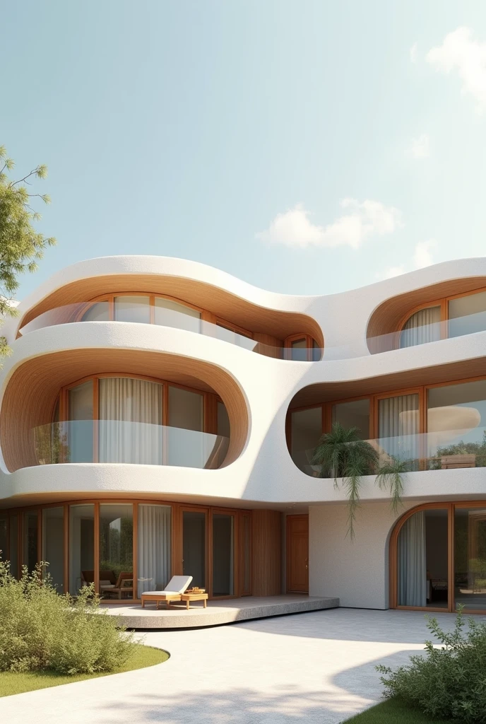 Design a facade for a complex of five buildings inspired by the shape of a scallop shell. These buildings are more horizontal than vertical, with two being single-story and three being two-story structures. The architecture should reflect modern design principles, with each building incorporating organic curves, smooth surfaces, and a blend of natural materials. The facade should evoke the flowing lines and symmetrical patterns of a scallop shell, with large windows and open spaces that connect the interior with the surrounding environment. The color palette should be neutral, emphasizing sandy tones, whites, and light grays, to harmonize with the natural shell inspiration.
