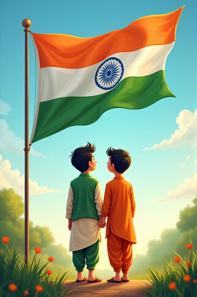 Twoo a small children and the background is mountain and one Indian flag, morning view , realistic photography