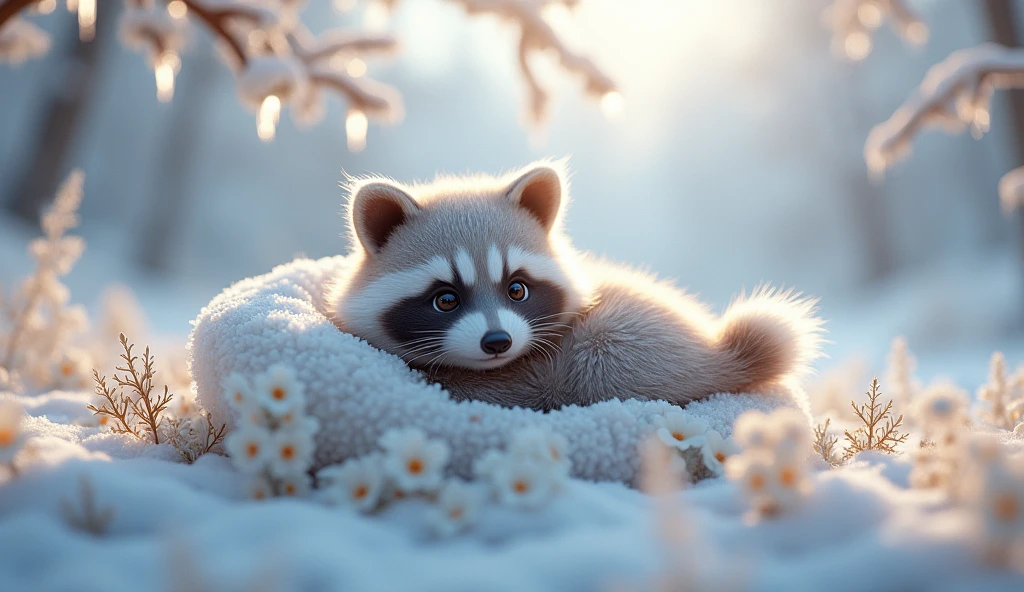 A captivating conceptual art piece showcases a fluffy, irresistible raccoon named Snow, comfortably nestled on a bed of delicate white flowers. The raccoon's fur appears extra soft and plush, with a hint of sparkle. The wintry wonderland surrounding Snow is adorned with snow-covered trees, icicles hanging from branches, and a tranquil, icy lake reflecting the soft light. The whimsical fairy-tale forest in the background adds to the enchanting atmosphere. The overall composition evokes a sense of innocence, wonder, and an ethereal connection to nature., 3d render, photo, conceptual art