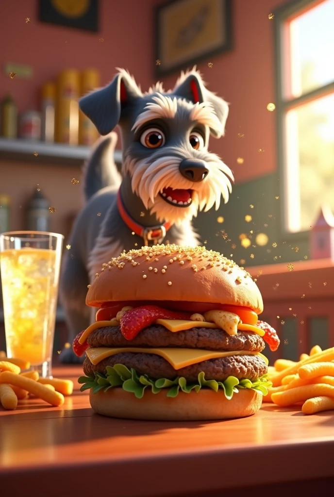 hamburger with fries and a very cold lemonade and a schnauzer dog animated with sparkles