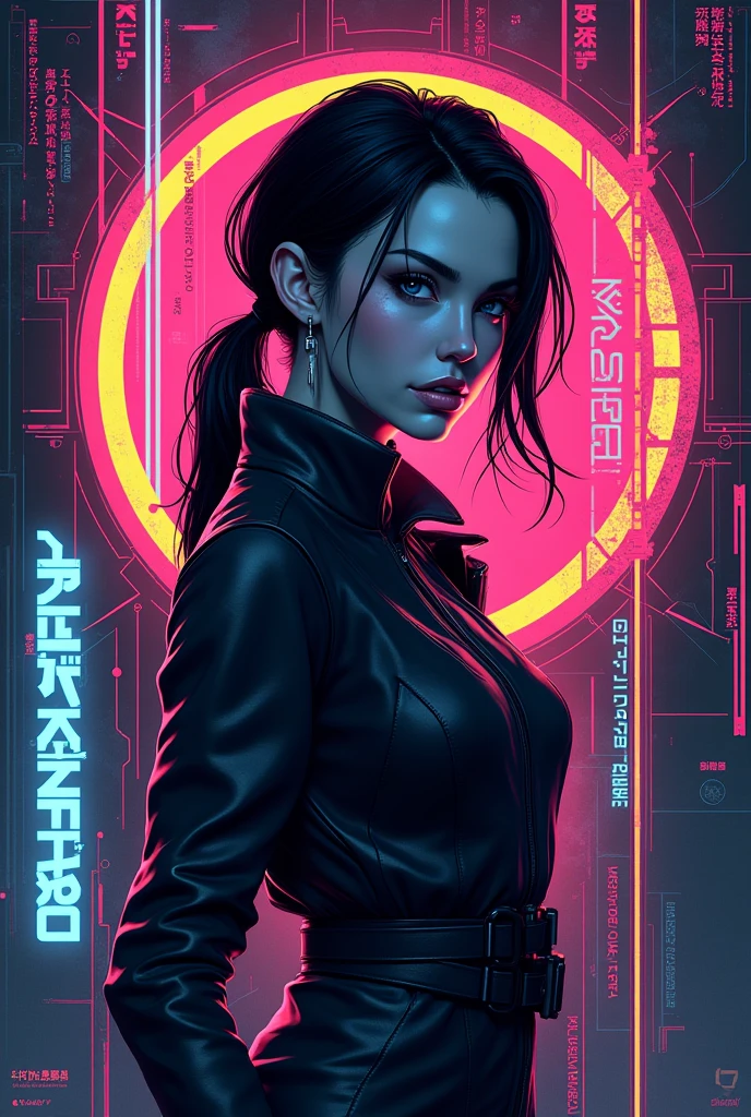 modern logo  Woman cyberpunk 2077 ícon hyper details, Japanese writings, 