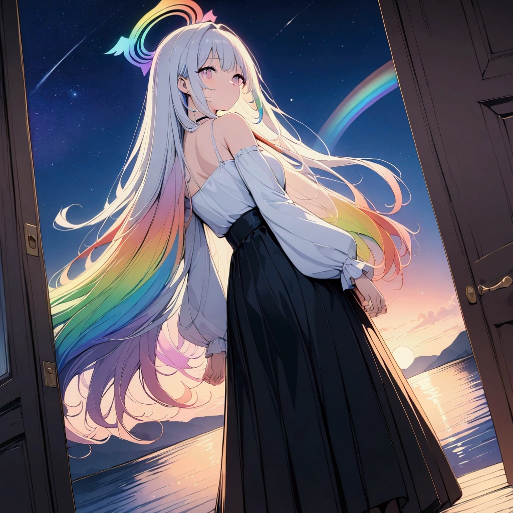(((anime))) One Woman,Behind the door,Door on the lake,Heaven is at the door,Angel turning his back,Large iridescent feathers,Long Hair,(Rainbow Hair),Angel halo white camisole,Volume sleeve,Long skirt,Black boots,night,full moon,star,Backlight,masterpiece,Highest quality,Exquisite,8k,Absurd,Ultra-fine illustrations,