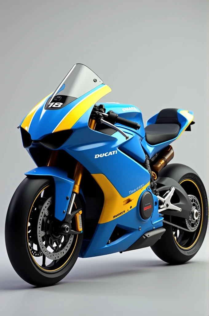 Generated a Ducati brand tiagazzz motorcycle number 18 blue and yellow color Pirelli tires