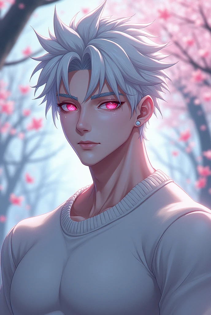 anime character, White hair, spiky hair, Pale skin, pink eyes, Long white eyelashes, male, muscular, white small earrings, big glossy lips, cherry blossom trees, grey eyebrows, white sweater,  demon eyes