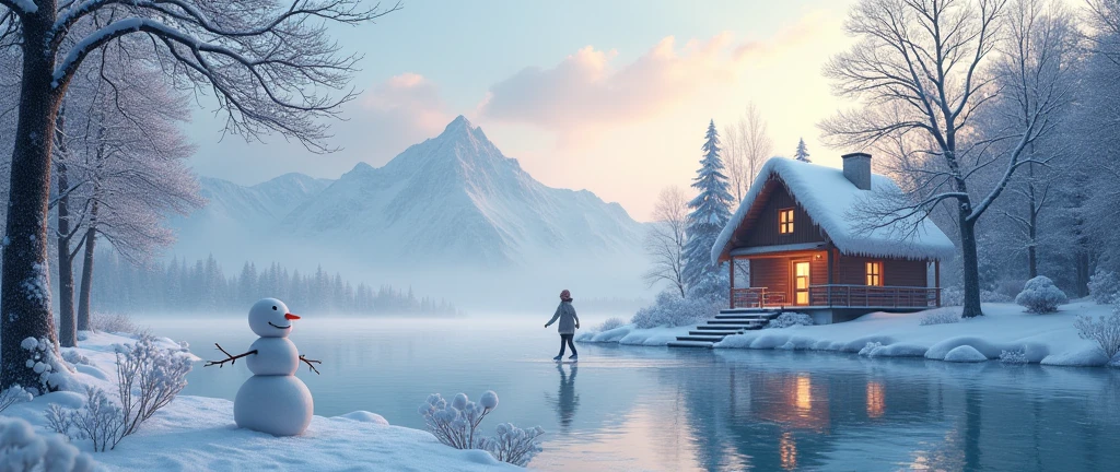 A snowy winter landscape, a frozen lake, bare trees covered in snow, snowflakes falling from the sky, a distant mountain range, a cozy cabin in the woods, a snowman in the foreground, a person ice skating on the frozen lake, warm lighting from the cabin windows