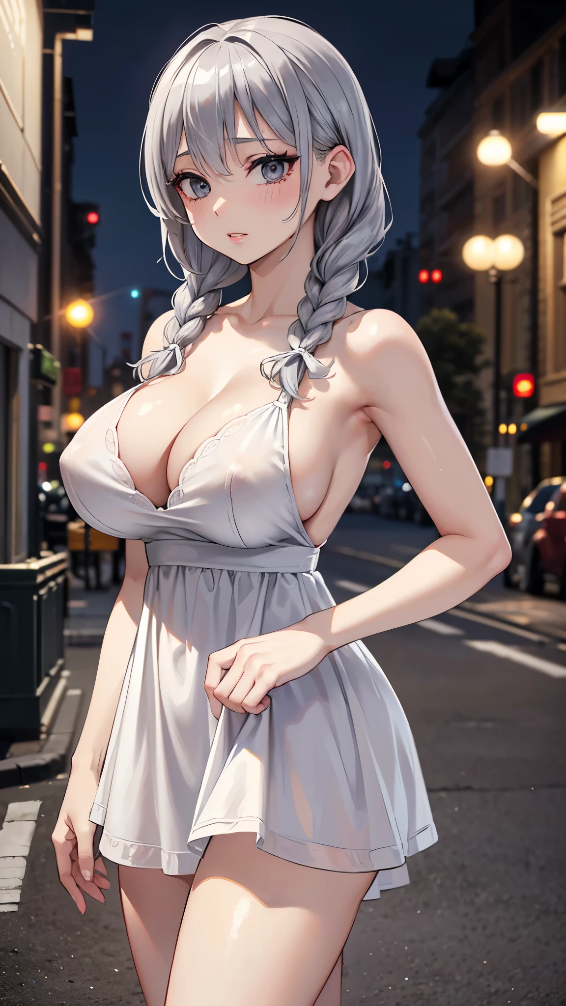(masterpiece, 最high quality, 超High resolution, Very detailed), (Realistic:1.1, photoRealistic:1.4), Perfect illustration, Perfect lighting,Perfectly detailed hair, Perfect and exquisite face, Perfect collarbone, Perfect body,Juicy breasts, Perfect Thighs, Beautiful legs, View your audience, 1 person,Perfect Face, (Perfect Anatomy, Anatomically correct), Symmetrical face、((Shiny Hair)),Sexy Body、(masterpiece),(最high quality:1.3),8k,Very clear,(Ultra-realistic),Captivating woman,(high quality, High resolution, The finer details), Realisticなスタイルの女性,Juicy breasts、Perfect Woman、Perfect Face、Symmetrical face、、Cowboy Shot、((Big breasts))、blush、((Juicy lips))、(((Straight braided grey hair)))、((Large, double-set black eyes、Long eyelashes))、(Red Makeup)、(((White naughty dress)))、(((White short)))、(Healthy and well-developed body)、((Big tits jk))、(Outdoor、On the street at night)