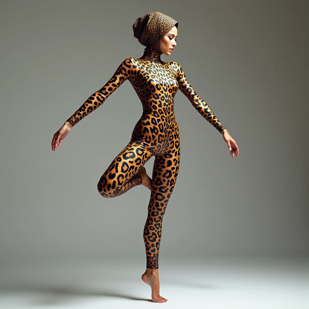 The beautiful and thinest chinese adult woman with glasses brown cheetah animal print lycra elasticity turtleneck unitard catsuit.She always wear hijab-like zentai costume hood made of lycra elasticity.She performs contortion when she is my contortionist.