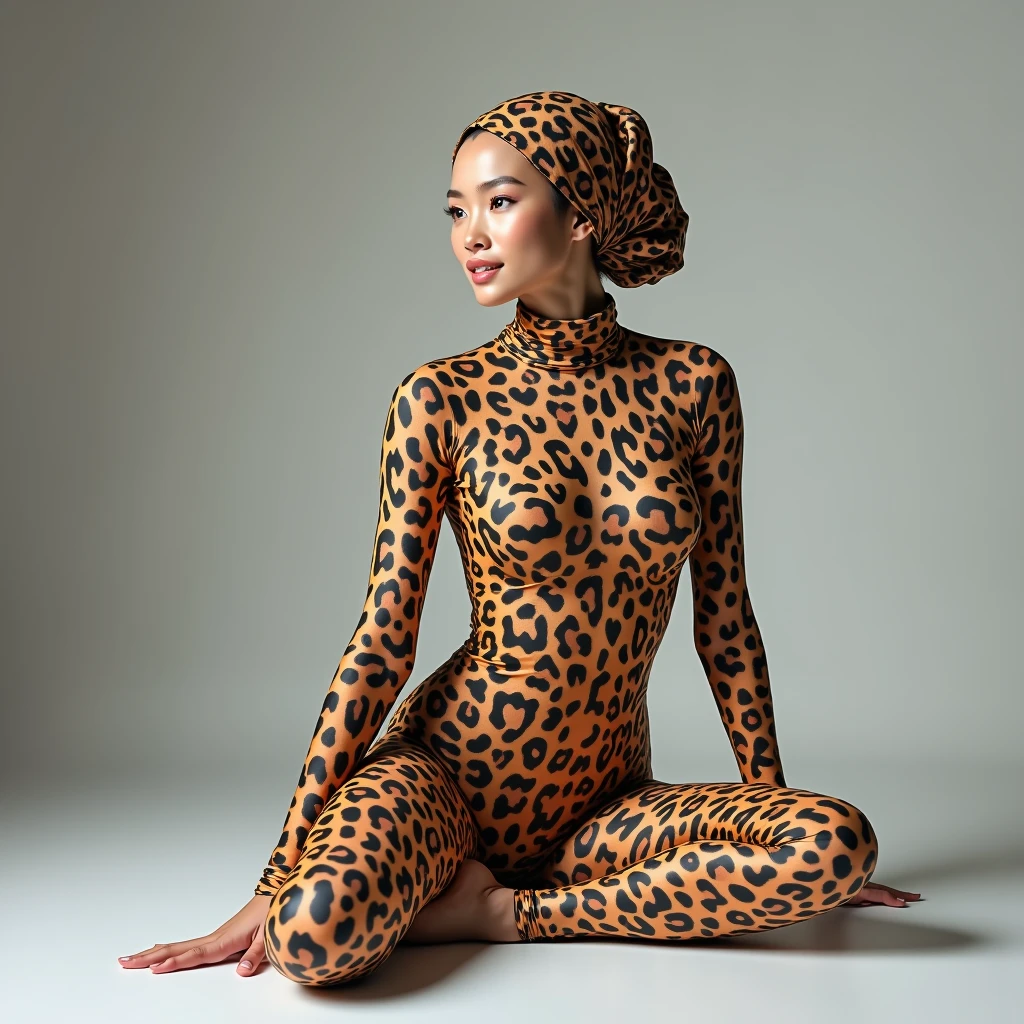 The most beautiful,thin,most pretty and clever malaysian contortion muslimah adult girl wears mixed animal print lycra turtleneck unitard catsuit.She always wear mixed animal print lycra dancewear stretchy square hijab.