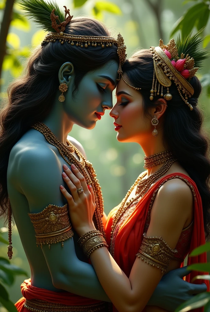 intricate detailed portrait of Krishna and Radha together, beautiful detailed eyes, beautiful detailed lips, extremely detailed eyes and face, long eyelashes, intimate romantic pose, ornate traditional indian clothing, ornate jewelry, lush natural environment, vibrant colors, chiaroscuro lighting, cinematic composition, highly detailed, 8k, photorealistic, masterpiece