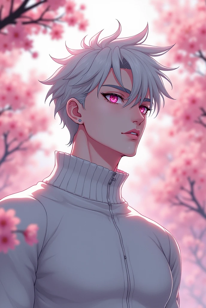 anime character, White hair, spiky hair, Pale skin, pink eyes, Long white eyelashes, male, muscular, white small earrings, big glossy lips, cherry blossom trees, grey eyebrows, white sweater, 