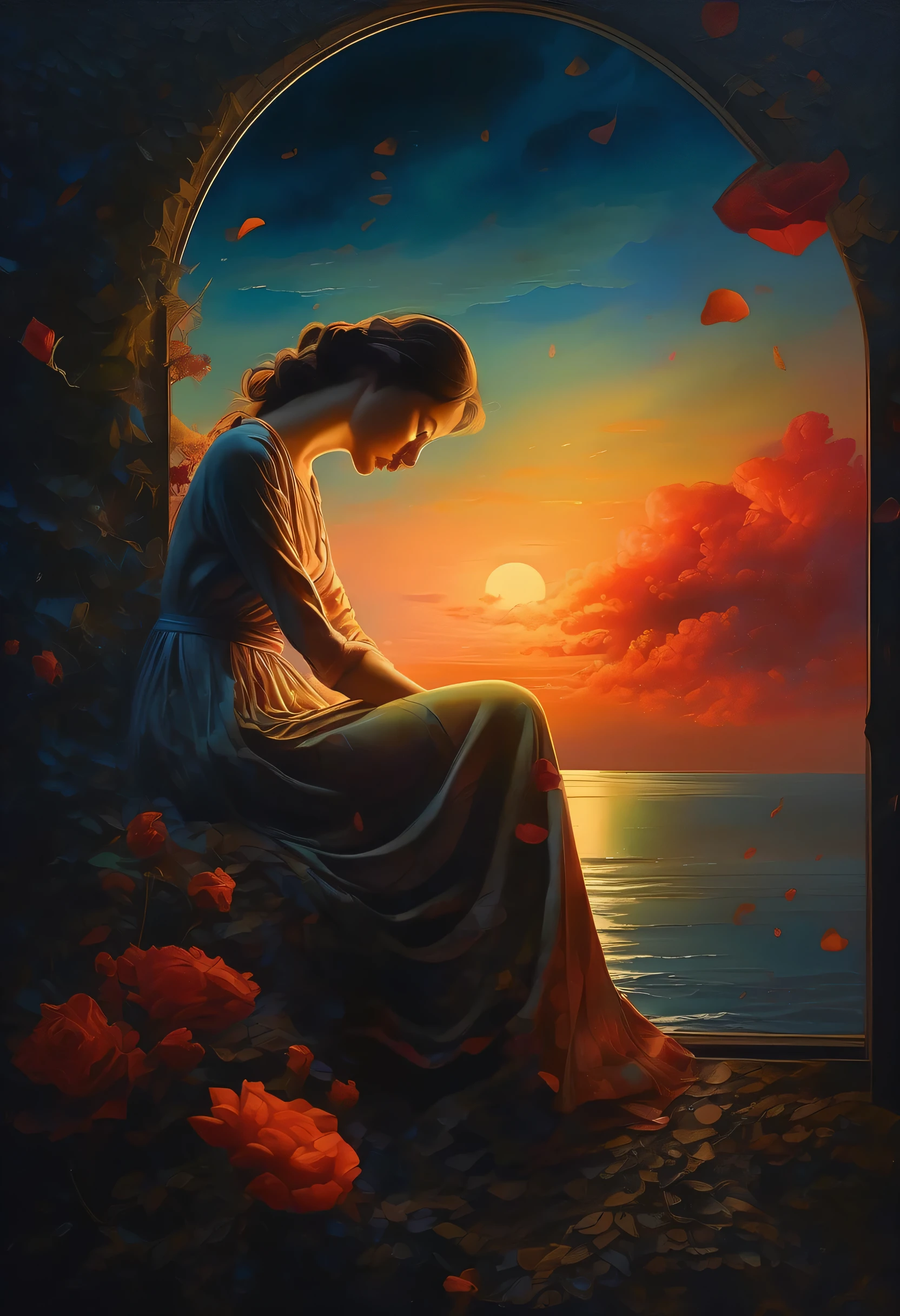 (Sensual illustration chiaroscuro), Illustration art, By Irina Kapi. Surrealism, Vintage Abstraction, (Painting of a woman looking at the night view outside a bay window:1.2), Super detailed、Woman crying over broken heart looking at night view, Highest quality, masterpiece, Painting, Concept Art, Emotional, Atmospheric, Romantic aesthetics, Represents transformation and the ability to see beyond the surface、Ultra high definition、(deep, Delicate colors) paint (draw) 、The highest masterpiece、Highest quality、