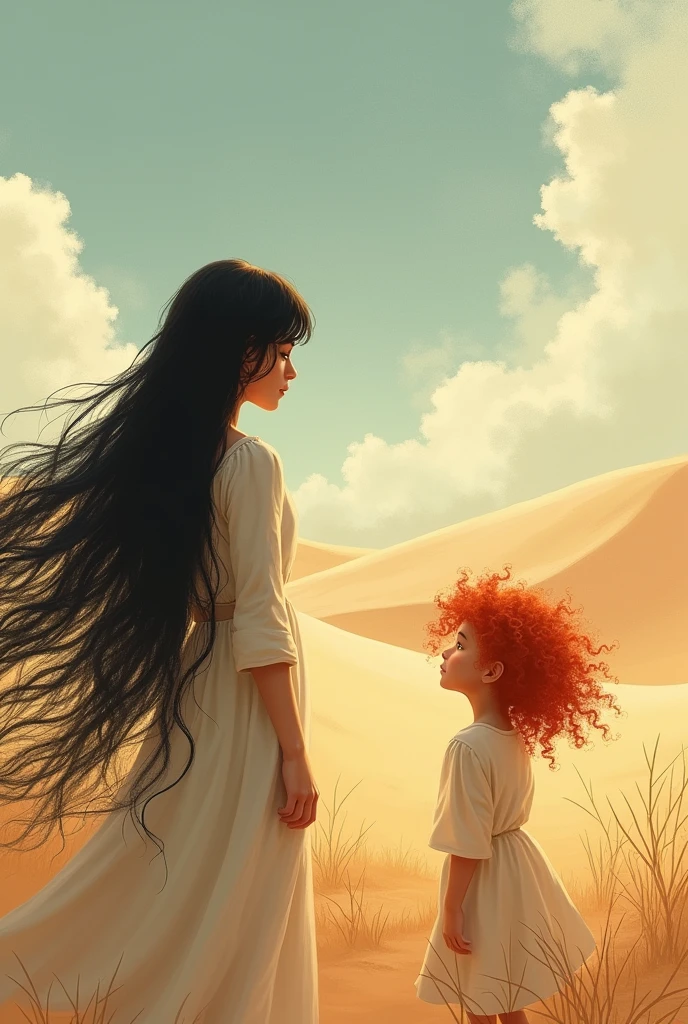 In a dessert or it's raining, there is a woman with very long black hair. Behind her is a with curly red hair.