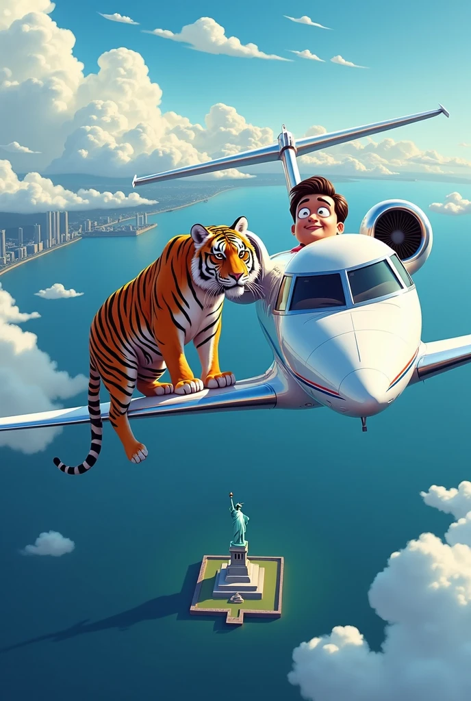 (best quality, masterpiece), (private jet gulfstream G650ER, fly across the ocean, Towards America, below you can see the statue of liberty,), (tiger, stuck on the wing of the plane, tiger terseret pesawat), (cartoon man, head out of plane window, melihat ke arah tiger)