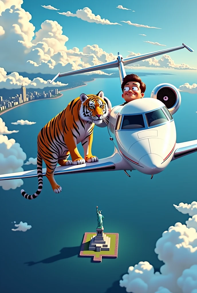 (best quality, masterpiece), (private jet gulfstream G650ER, fly across the ocean, Towards America, below you can see the statue of liberty,), (tiger, stuck on the wing of the plane, tiger terseret pesawat), (cartoon man, head out of plane window, melihat ke arah tiger)