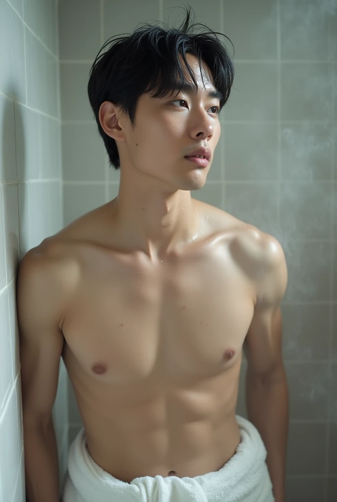 A picture of a shirtless Korean guy with a middle part with towel covering his legs as he came out of the shower
