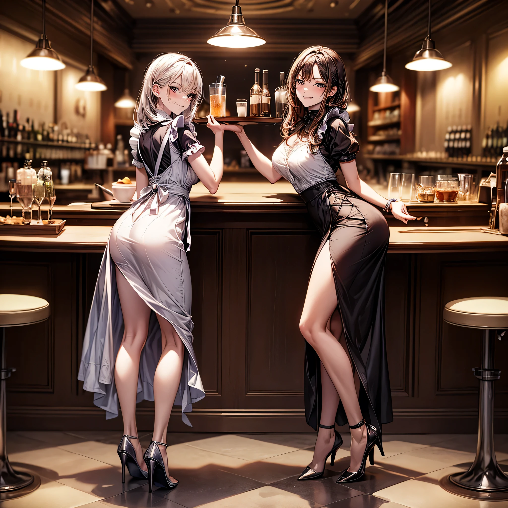 (masterpiece:1.3),(best quality, highest quality),((Full Body Shot,Including face)),girls,4K,masterpiece,((Focus on the face)),((Symmetrical facial features)),Beautiful woman,(slender),((High heels)),Detailed depiction of the face, Cafe ,bar,Maid clothes,skirt,Age 25,(smirk),