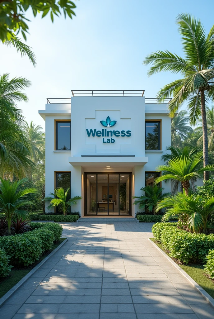 Only one floor Laboratory front side in kerala, front side name board "WELLNESS (blue colour font for wellness ) LAB (light green color font for lab )"