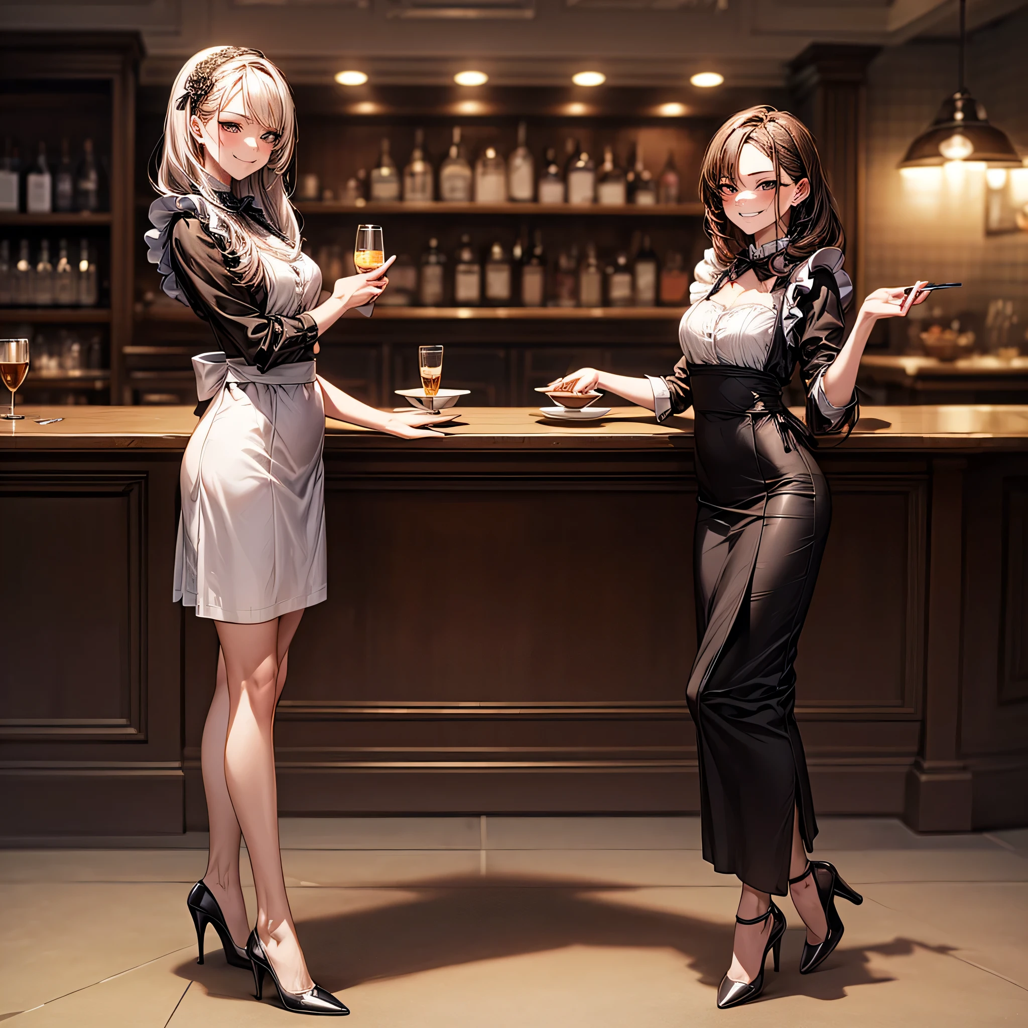 (masterpiece:1.3),(best quality, highest quality),((Full Body Shot,Including face)),girls,4K,masterpiece,((Focus on the face)),((Symmetrical facial features)),Beautiful woman,(slender),((High heels)),Detailed depiction of the face, Cafe ,bar,Maid clothes,skirt,Age 25,(smirk),