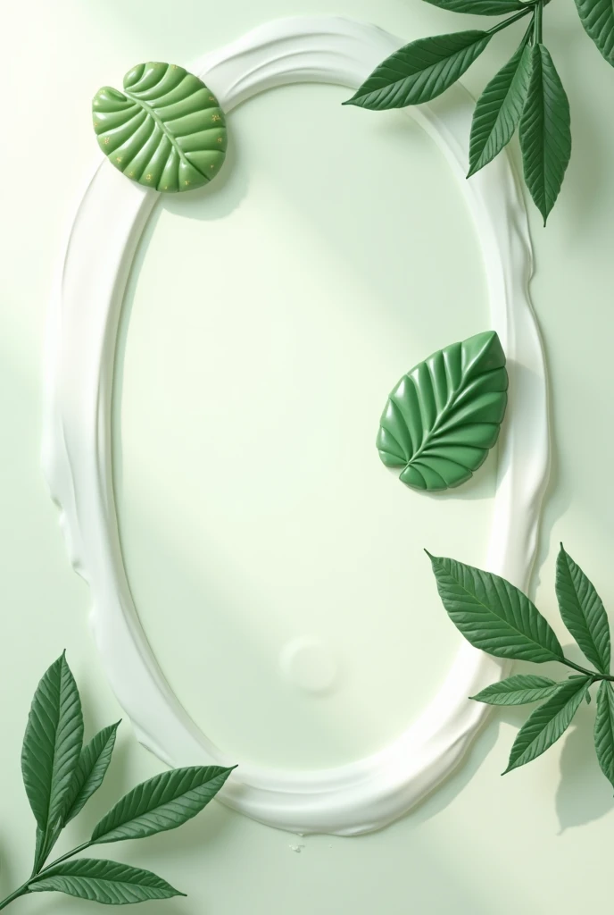 Creer moi une image avec un fond à la texture d'une crème blanche. Rajoute des feuilles de cactus et des masque de beauté vert