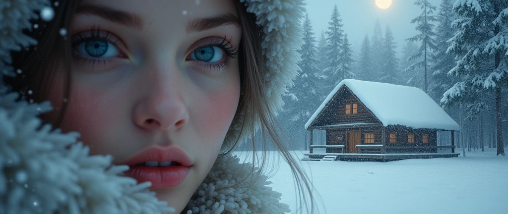 A snowy forest, a lone cabin in the distance, moonlight shining through the pine trees, beautiful detailed eyes, beautiful detailed lips, extremely detailed face, long eyelashes, winter landscape, snowfall, atmospheric lighting, cinematic mood, serene and peaceful, muted color palette, cool tones, soft focus, (best quality, 4k, 8k, highres, masterpiece:1.2), ultra-detailed, (realistic, photorealistic, photo-realistic:1.37), HDR, studio lighting, ultra-fine painting, sharp focus, physically-based rendering, extreme detail description, professional, vivid colors, bokeh, landscape
