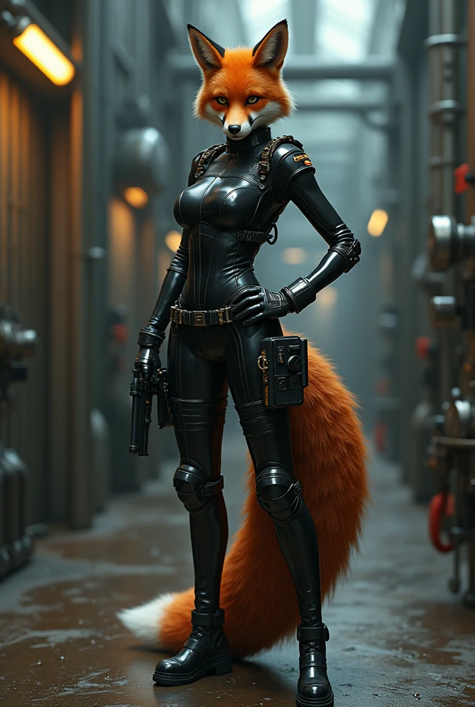 Foxgirl in latex military officer suit