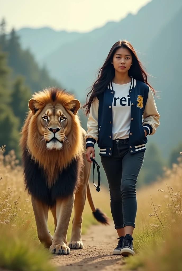 A young girl beatiful Indonesian long black hair,walking in the natural with mountains blurred in the background. He is wearing a navy black varsity jacket, a white t-shirt labelled 'REI', black jeans, and black sneakers. Beside him, a large, majestic Leon with a leash is walking calmly. The man has a confident expression, and the sunlight softly illuminates the