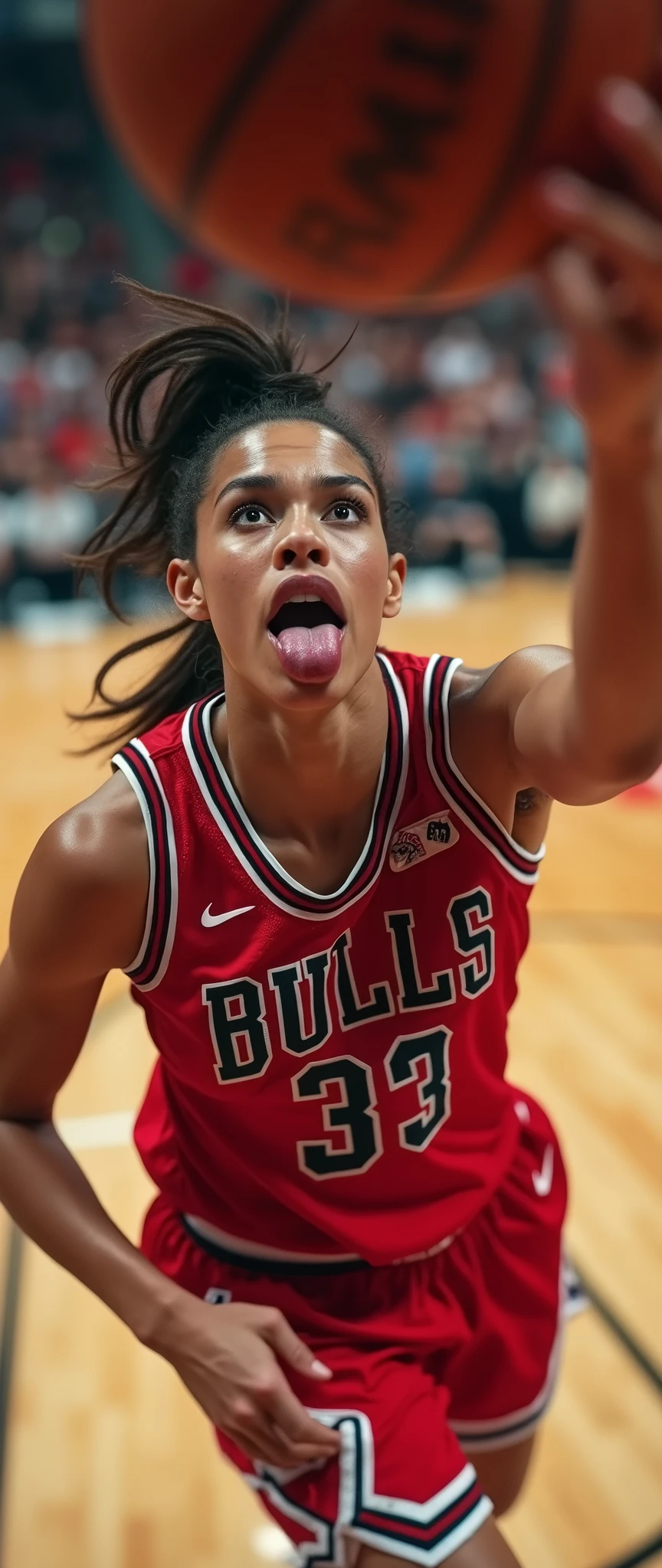 (masterpiece),(Highest quality),(Very detailed),(Ultra-high resolution),(Realistic:2.0),(RAW Photos:2.0),8k,wallpaper,(11 women:2.0),(Very beautiful woman:2.0),(Women basketball players:2.0),(Jump high with the ball in one hand to dunk:2.0),(From above:2.0),(Chicago Bulls uniform:2.0),(The woman is sticking out her tongue:2.0),(Serious:2.0),(Very detailed顔:2.0),(Very detailed手:2.0),(Detailed tongue:2.0),(Muscular:2.0),(dynamic:2.0),(Basketball court),(dynamic:2.0),(VFX:2.0)