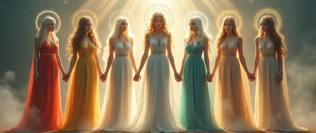 Seven very beautiful goddesses, White Goddess, Black Goddess, Red Goddess, Blue Goddess, Green Goddess, Gold Goddess,  Brown Goddess, whole body