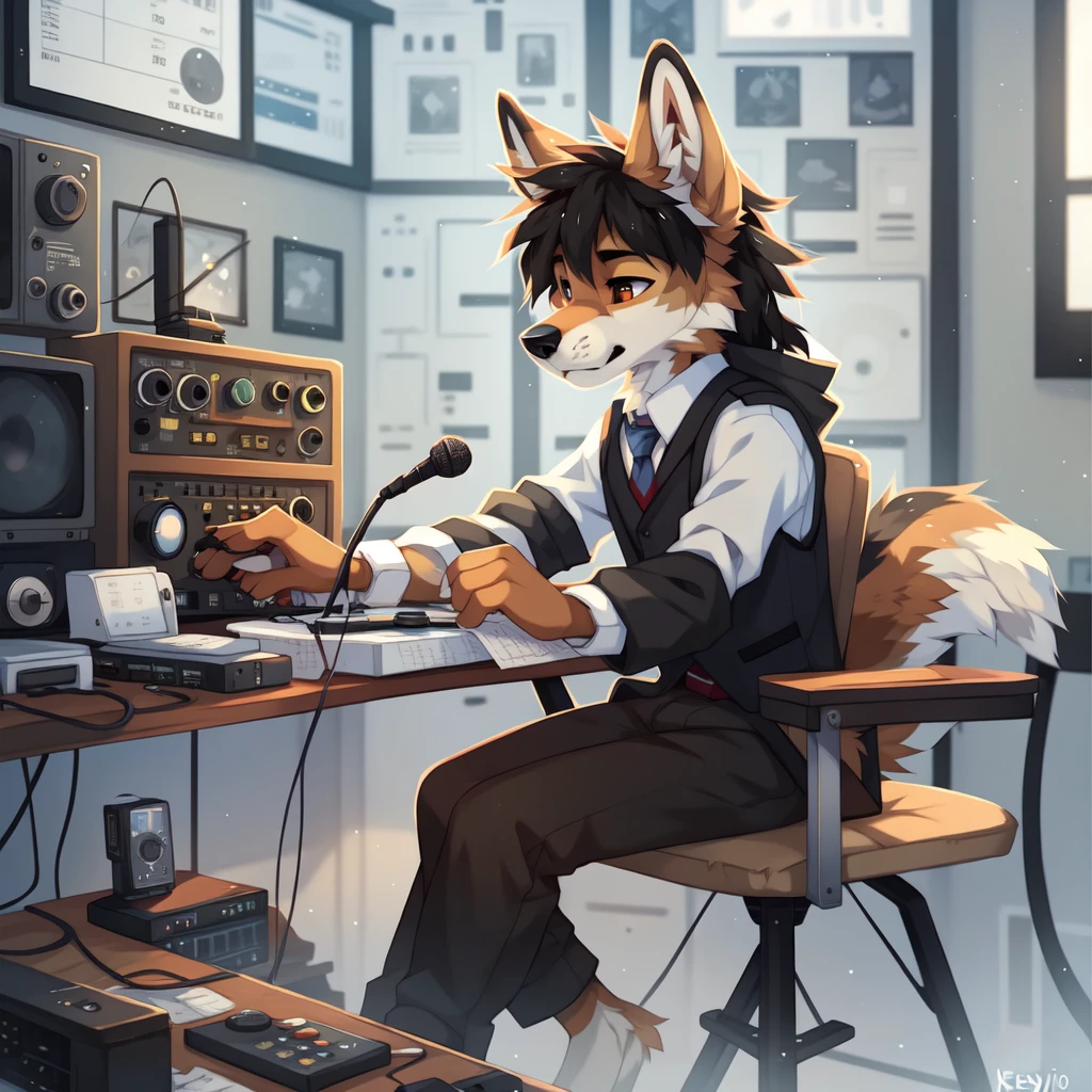 full body,male,coyote,Telegraph,Telegraph operator,radio,Desktop Microphone Stand,Black vest with white sleeves and blue tie,too,AMATEUR RADIO,Radio Station,Radio transmitter,Electronic Instruments,Precision instrument panel, ((by keihound, by reysi)), by Zackary911, by hyattlen, by fumiko, by fluff-kevlar, Furry, Anthro,