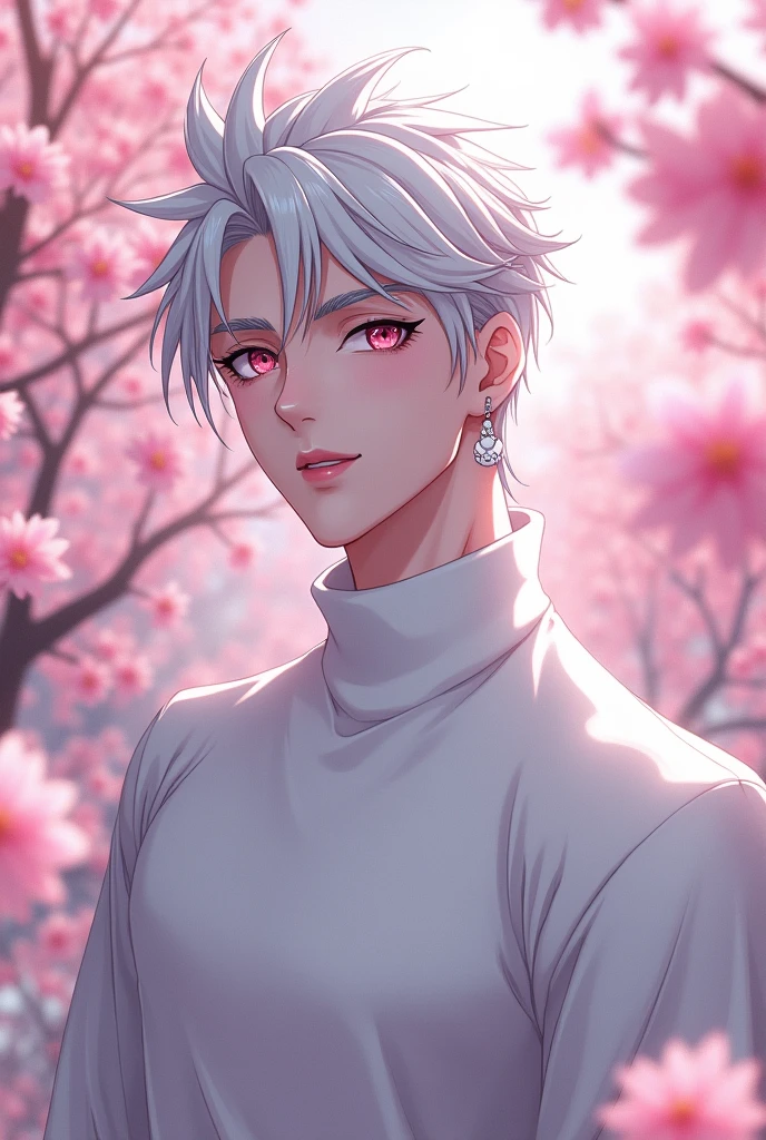 anime character, White hair, spiky hair, Pale skin, pink eyes, Long white eyelashes, male, muscular, white small earrings, big glossy lips, cherry blossom trees, grey eyebrows, white sweater,