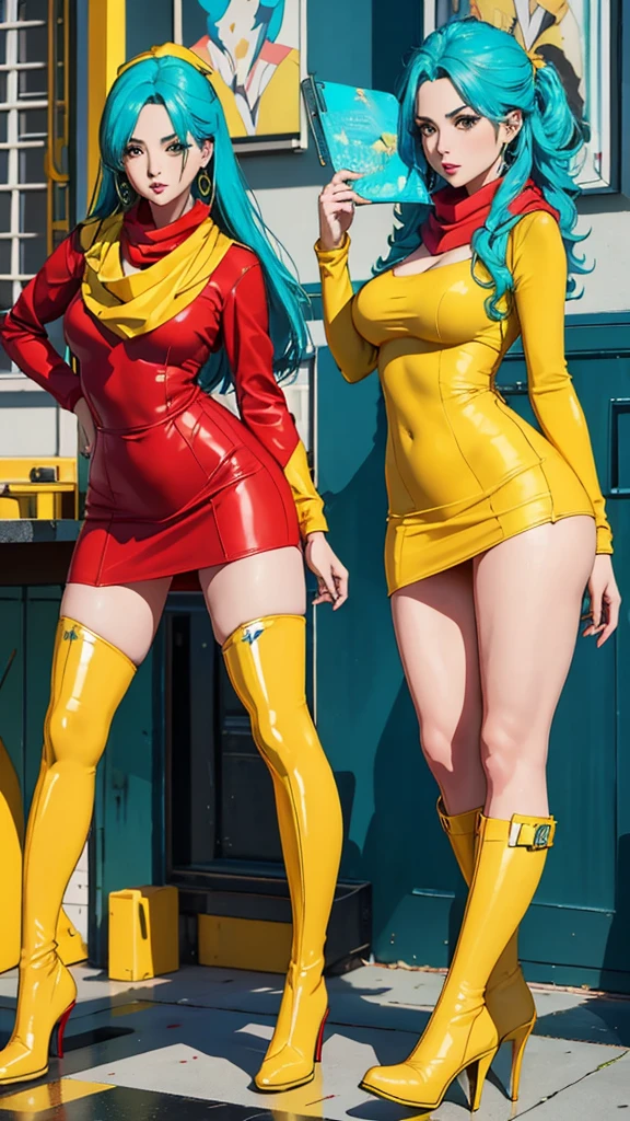 masterpiece, best quality, highres, , aqua Hair, medium hair, with short skirt and boots, hyperrealism, ((desde atras)), ((gluteos redondos levantados medianos)), seductive cosplayer, ((red tight dress, yellow scarf, long yellow boots))