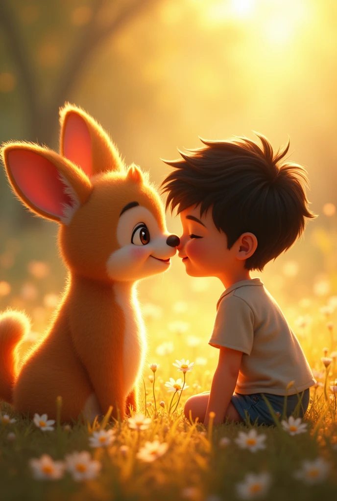 Morning sunlight shining softly on Bobo as it opens its eyes and looks at Ali with a gentle smile, while Ali's boy face lights up with joy.