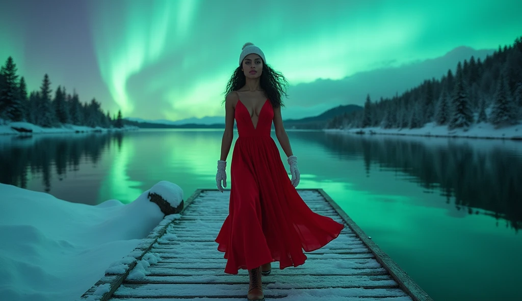 image haute qualité HD 16K, photo réaliste, vu plongeante, presque a vol d'oiseau, une femme, Freema Agyeman . les yeux vert, Ses yeux pétillent de malice, avec un regard rieur et taquin, léger sourire, comme si elle connaissait un secret. Elle marche d'un pas déterminé et souple sur un ponton en Norvège, derrière elle un immense lac au couleur d'un dégradé de bleu et vert turquoise. Le sol et les arbres sont recouverts d'une épaisse couche de neige, créant un contraste saisissant avec sa tenue. Elle porte une très longue robe de cocktail rouge, ses seins nue apparaisse sous un décolleté en v, porte un bonnet et des gants en laine blanc, des bottes Kimberfeel Beverly marron. Il fait nuit, et au-dessus d'elle, le ciel est illuminé par une aurore boréale spectaculaire, avec d'épaisse vagues de lumière verte et violette dans l'obscurité. Cette lumière mystique accentue l'atmosphère presque irréelle de la scène, tandis qu'elle avance, confiante et déterminée, comme si elle poursuivait un but précis dans ce lieux enchantée.