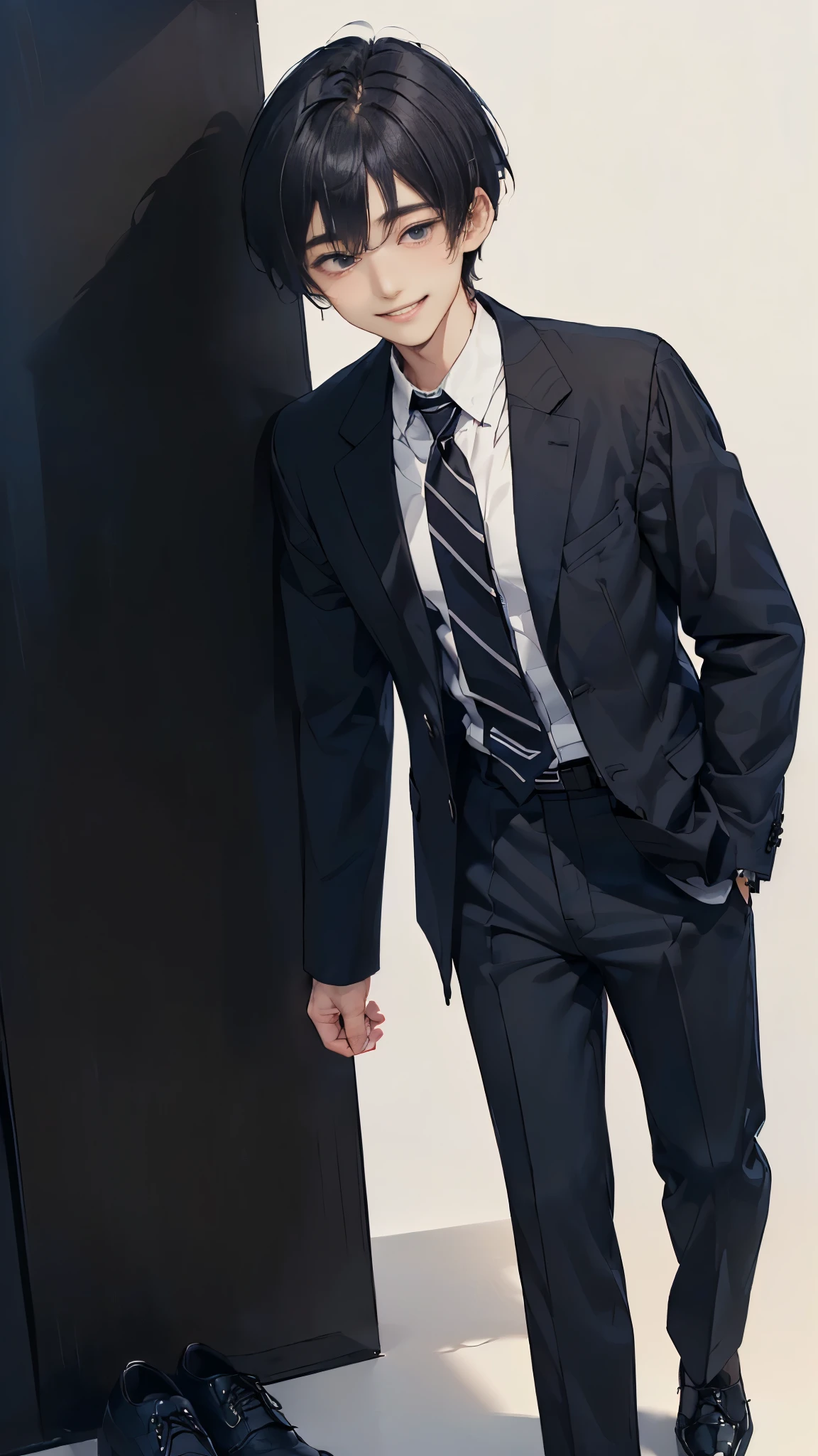 Masterpiece,best quality,独奏, 1 Japanese boy, 20 years old,(tall and thin,sleepy droopy eyes, long face, (thin cheeks:1.2),(black shaggy short hair:1.4),(Black tailored jacket, white shirt, navy blue striped tie,( black slacks:1.1),black shoes:1.3),(A shy smile:1.3),(Plain background:1.5),