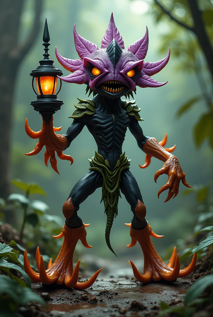 Character inspired by an exotic plant with a flower with dark purple covering its shiny orange eyes a mouth in the shape of a plant a lantern on its head a spike on its left arm legs agenda decorated with green is light orange legs agenda mix has orange has dark light green legs black is a dangerous fighter side