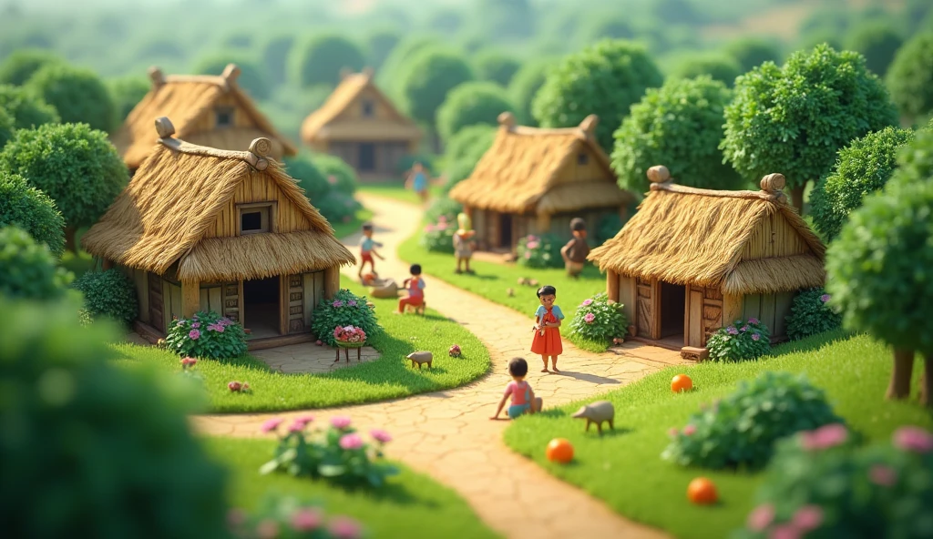 In 3D animation style:*Scene of the village**: A small, rustic village with thatched-roof huts, surrounded by green fields and trees. Villagers are seen going about their daily activities.
