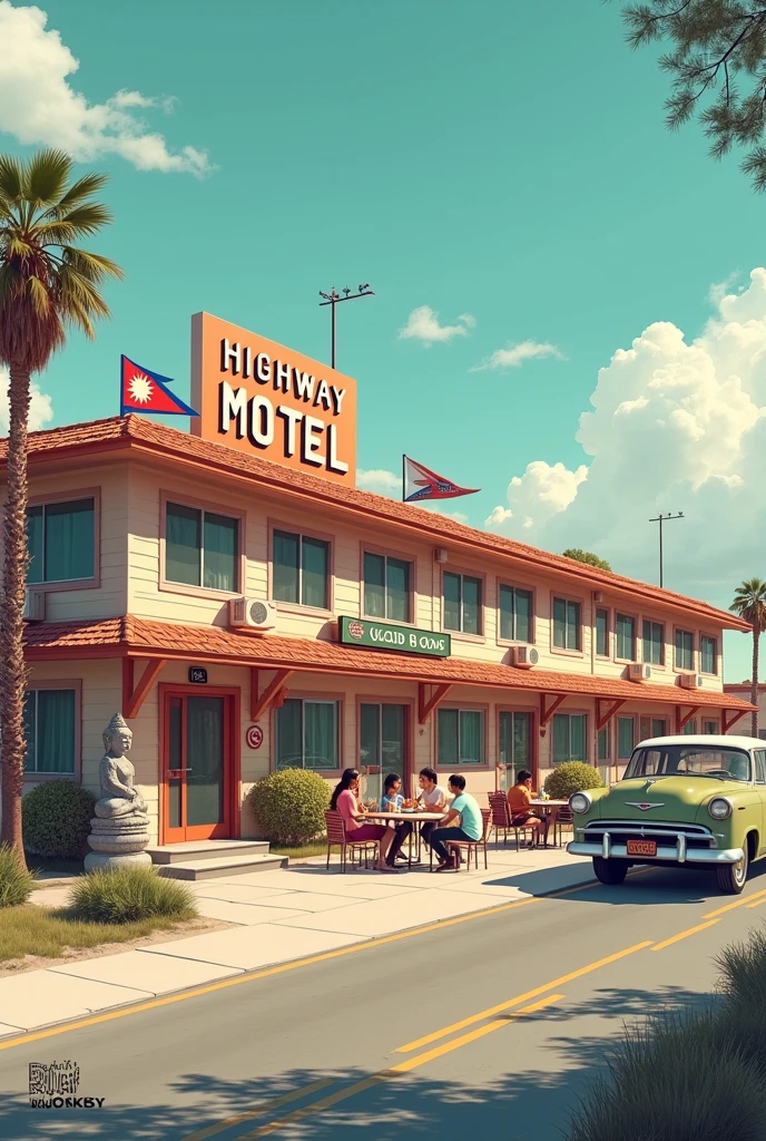 There is a motel name highway motel Nevada Motel which has 2 story building on L shape building looks, ground floor has open restaurant and building looks like classic design roof has cover with tiles and there is 10 rooms and building has nepali flags on highway, there is car parking 3 cars out side the building. Also gautam buddha statue outside, build is coloured with orange white colour. People are siting outside having launch build is large long is shape on the road. Peoples are having walk ok the street