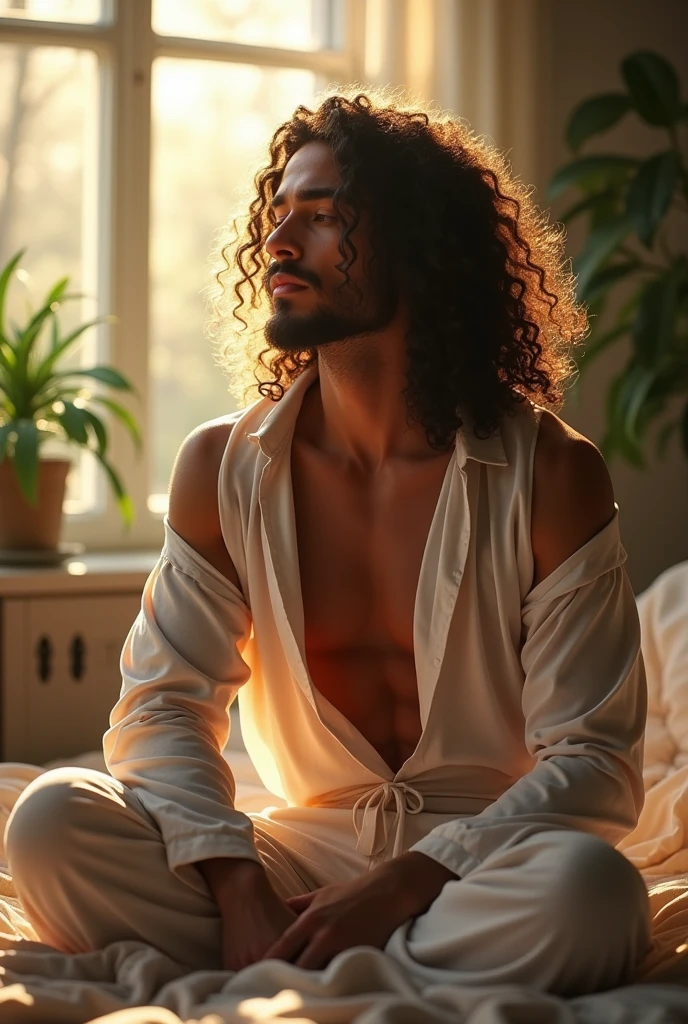 (photorealism:1.2), beautiful man, sitting on bed, wearing loose off-shoulder top, pajama pants, long curly hair, indoors, soft lighting, plants in background, window with sunlight, cozy room, relaxed pose, realistic, intricate details, warm colors, by Greg Rutkowski, by Alphonse Mucha