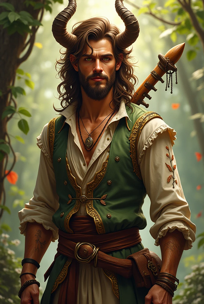 "A gallant and virile adult faun with small, refined horns that curve elegantly from his forehead. He has a jovial figure with a medium build, characterized by a lean but muscular physique that highlights both strength and agility. His face, adorned with a well-kept beard resembling a goatee and a slender nose, is highlighted by a charming, confident smile that adds to his rugged allure. His skin is sun-kissed, and his dark chestnut brown hair is thick and wavy, cascading around his shoulders with a few leaves and wildflowers interwoven. His eyes are a striking, brilliant green, shining with life and energy. Scars from past battles are scattered across his toned, muscular body, each one a mark of experience and resilience. He wears a finely tailored vest over a loose, open-necked shirt, decorated with intricate patterns of vines and musical notes in rich, golden thread. A beautifully crafted lute rests on his back, and he holds a well-worn wooden flute in his hand, symbolizing his deep passion for music. His presence is confident and inviting, with a natural air of charisma, while the surrounding air hums with a lively melody that reflects his skill as a bard and his joyful yet battle-hardened connection to the world around him."