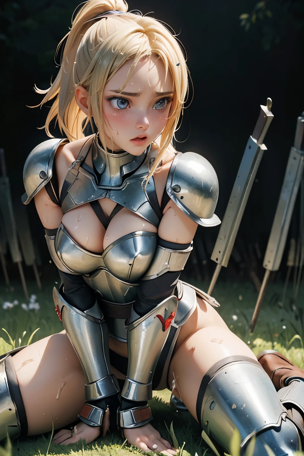 masterpiece、Highest quality、nsfw,field、The background is a battlefield、Lots of armor scattered in the background、Dead soldier in the background,Beautiful female warrior、BDSM,revealing laser armor、shibari、Blonde、Field battlefield、((Sweat all over)),((second hand tied))、anger、shame