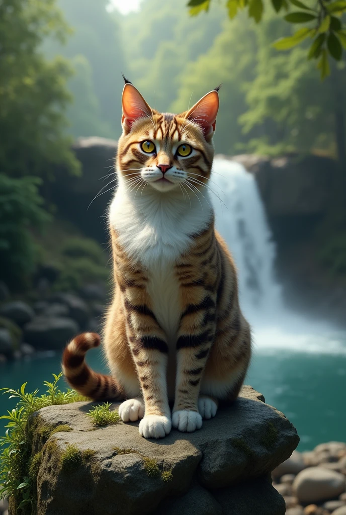 A brown and white normal cat with yellow eyes.sitting on a stone with background waterfall with forest.