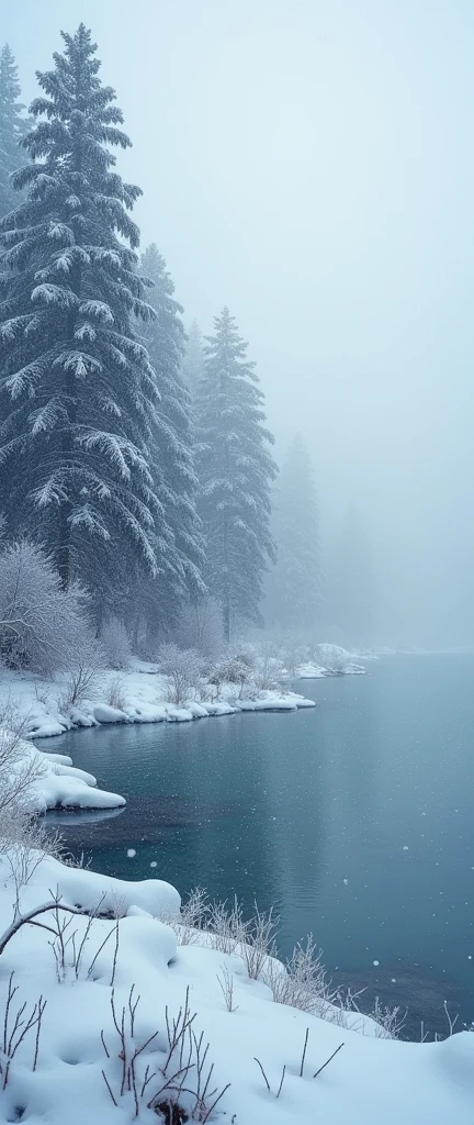 A snowy landscape, winter scenery, snow-covered trees, frozen lake, beautiful detailed snowflakes, snowdrifts, crisp winter atmosphere, cold temperature, natural lighting, (best quality,4k,8k,highres,masterpiece:1.2),ultra-detailed,(realistic,photorealistic,photo-realistic:1.37),landscape, serene, peaceful, calm, tranquil, muted colors, cool tones, soft lighting, (intricate,detailed,complex:1.2),cinematic composition
