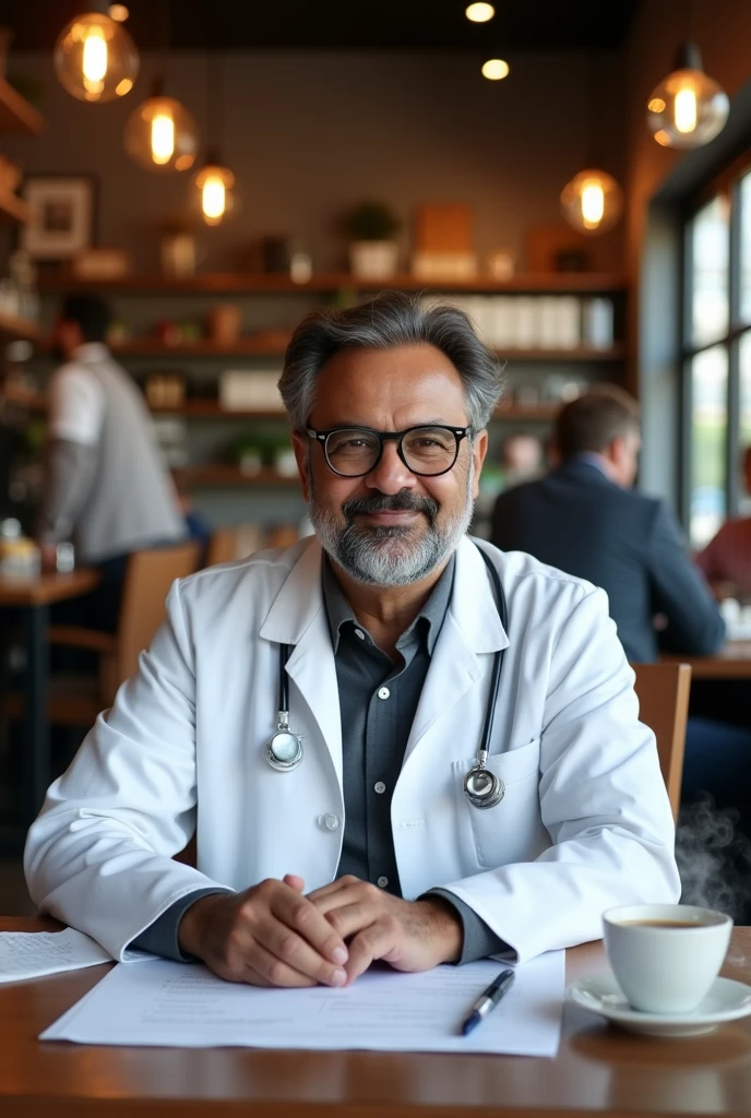 Pakistani doctor citing in Canada coffee shop image size 16:9 landscape