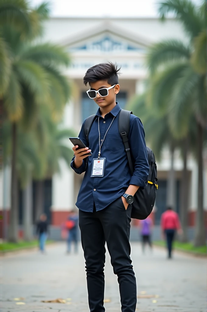 A boy , standing in front of Rajshahi college, wearing navy blue shirt with id card , waring black pant and shoes, with collage bag, white sunglass, low fade cutting smooth hair , watch in left hand , smart phone in right hand ,