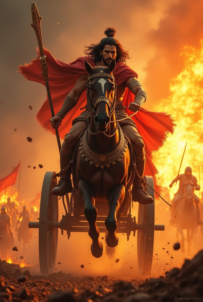 Abhimanyu took the wheel of the chariot and jumped with full power. Flames all around 