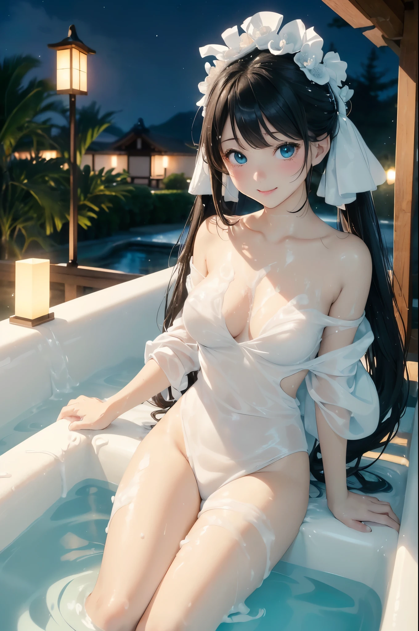 ((masterpiece)), ((highest quality、Ultra high definition)), (Very detailed),((8k、Photo quality))、((Amazingly cute girl))、(1 girl,)、Two people, , (Beautiful emerald blue eyes), ((smile)),((Ultra-luxury Japanese-style inn in Japan、A large open-air rock bath)), Beautifully arranged black hair in twin tails、Slim Body、(Cute little breasts)、(((Naked and washing body)))、Professional Lighting、(The rich foam of the body soap makes it difficult to see your important parts.)、(More details and cutenesore realistic)、((Just wear light clothing))、Frolic in the pool、(Too cute)、(The embodiment of cuteness)、(Godly cuteness)、((Night view))、(((A lot of creamy foam, so it&#39;s almost impossible to see)))、