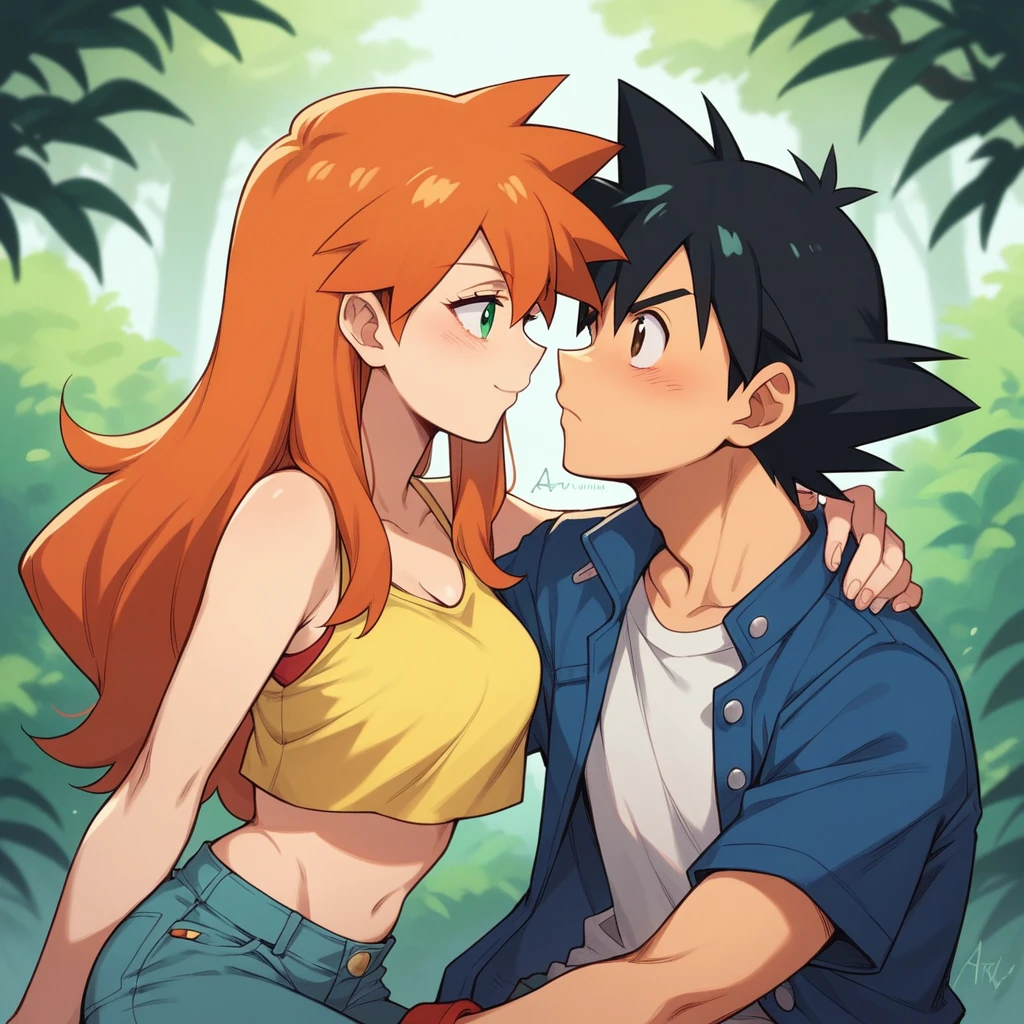 1boy, ash ketchum, black hair, brown eyes, hair between eyes, ash ketchum, black t-shirt, jeans, handsome boy, macho, good looking boy 1girl, misty pokemon, green eyes, orange hair, long hair, hair down, yellow crop top, jeans, pretty, beautiful girl photograph of a 1 couple, on a forest, they're showing off their love and affection for each other, they're caressing, hugging, looking at each other