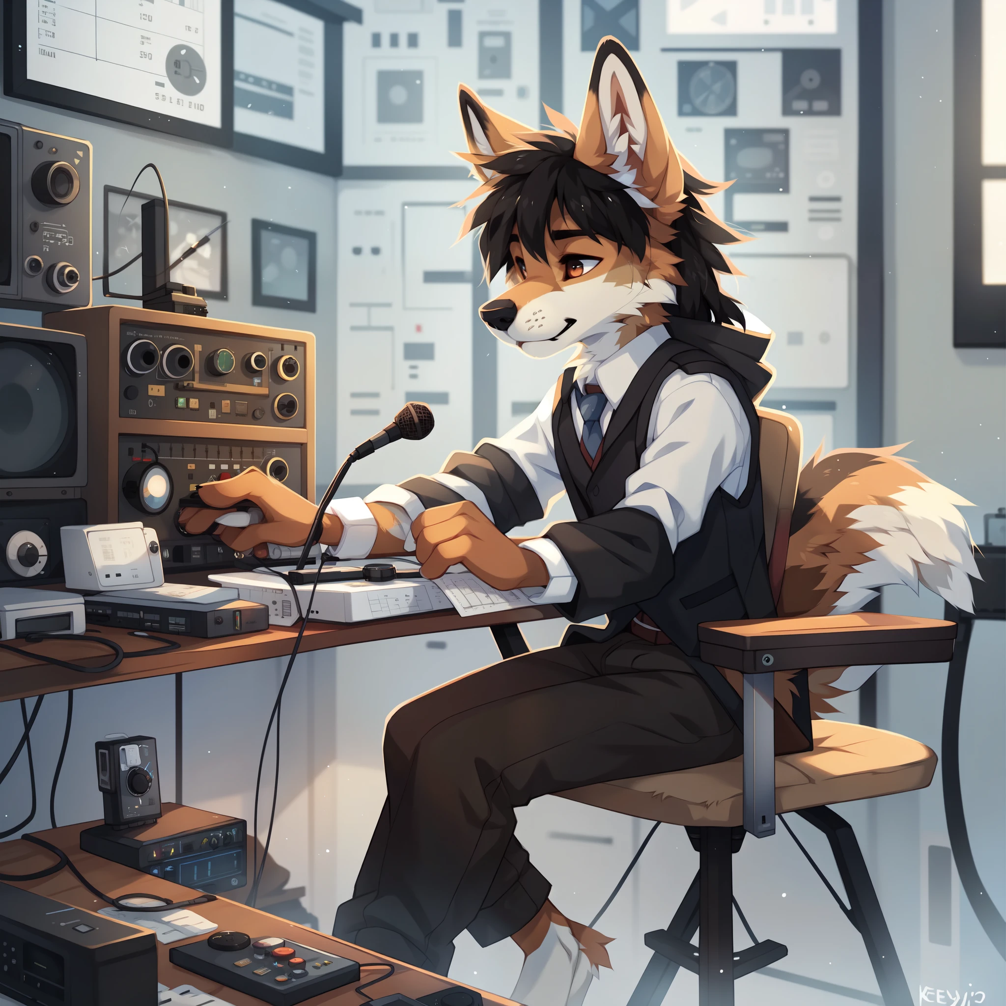 full body，male，coyote，Telegraph，Telegraph operator，radio，Desktop Microphone Stand，Black vest with white sleeves and blue tie，too,AMATEUR RADIO，Radio Station，Radio transmitter，Electronic Instruments，Precision instrument panel, ((by keihound, by reysi)), by Zackary911, by hyattlen, by fumiko, by fluff-kevlar, Furry, Anthro,