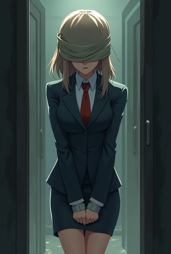 blindfold,gagged,kidnapped,duct tape,hands tape behind back
behind back,suit and pencil
skirt,bag covering head,anime girl